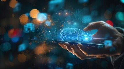 On dark background, a hand holding a smartphone with a blue holographic car interface. Transport, engineering and technology concept. Double exposure