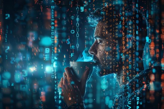 Man drinking coffee in a digital environment with holographic data and codes, representing technology and futuristic scenarios.
