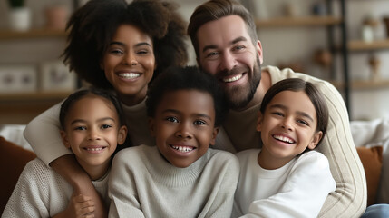 Smiling diverse family posing together in a cozy living room.