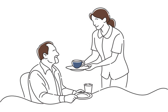recommend clip art:  Caregiver serving meals to the elderly, doodle continuous line art vector illustration