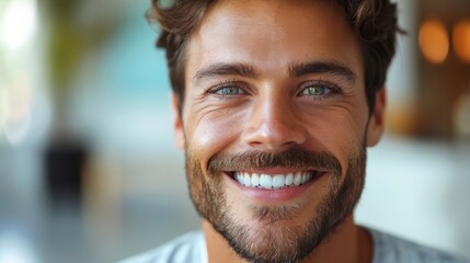 Fototapeta premium Portrait of a man with blue eyes wearing a white t-shirt with a pleasant smile