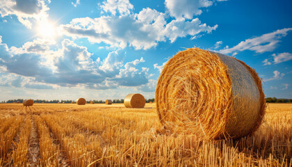 beautiful golden hay bales in the field after harvest under a blue sky with clouds. creating an idyllic rural landscape for the summer season concept