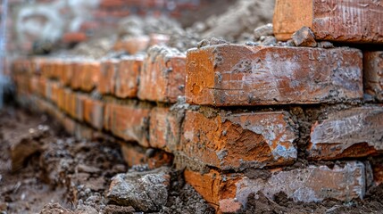 close-up of freshly laid bricks and mortar in a wall under construction