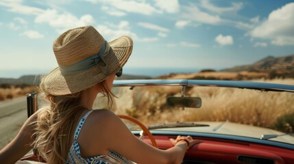 Fototapeta premium Woman Enjoys the Scenic Drive at Summer Vacation