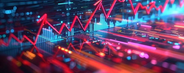 Timebomb integrated with financial graphs, red arrows pointing downwards, vibrant colors, futuristic, digital painting
