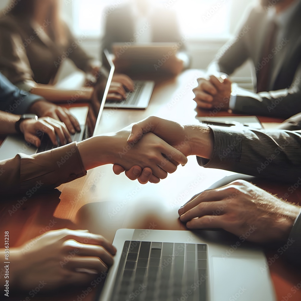 Poster two individuals at a table, engaging in a handshake over the table generated by ai