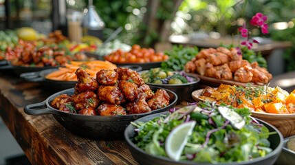 Obraz premium An array of gourmet dishes beautifully presented on a table with various salads and meats