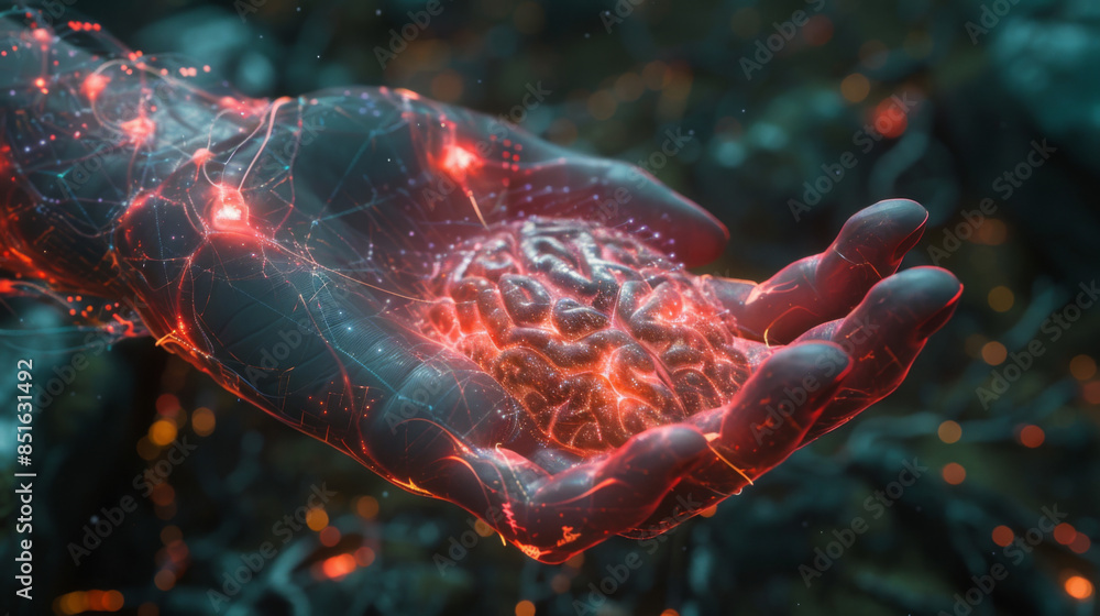 Poster abstract palm hands touching brain with network connections, innovative technology in science and co