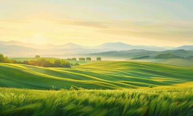 Obraz premium Beautiful green fields, rolling hills and mountains in the background at sunrise