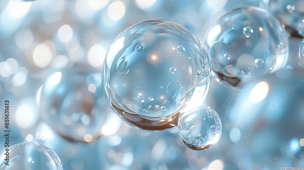 Poster the image features a multitude of reflective spheres or bubbles floating in a space with a cool blue