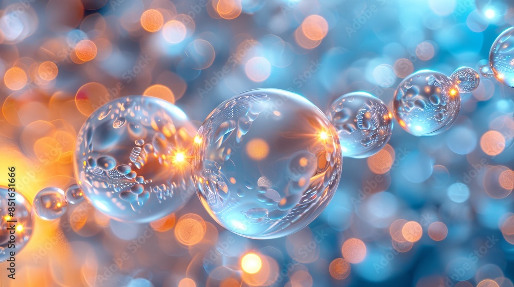 Poster A visually captivating image of transparent bubbles surrounded by shimmering bokeh lights highlighting technology and innovation