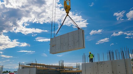 construction crane lifting pre-fabricated concrete panels into place for a new building