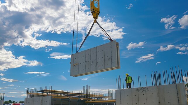 construction crane lifting pre-fabricated concrete panels into place for a new building
