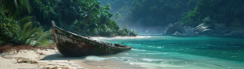 Obraz premium Tranquil Tropical Beach with Abandoned Boat and Lush Greenery in the Background Under Clear Blue Skies