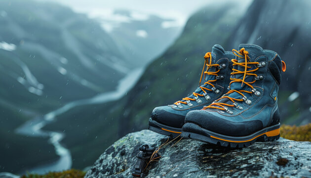 pair of hiking boots on a rock with a mountainous background