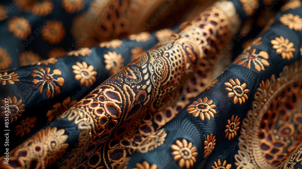 Poster a close view of an intricate, elegant pattern on a luxurious fabric material