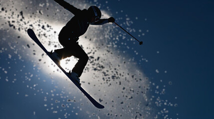 A skier soars against the sun’s backdrop, snow crystals glisten around, capturing the essence of winter sports and the thrill of the jump.