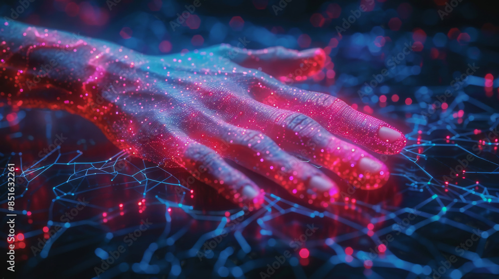 Poster abstract palm hands touching brain with network connections, innovative technology in science and co