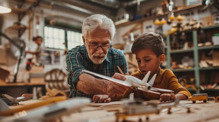 Senior man building a model airplane with a young boy in a lively workshop