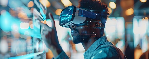 A man using virtual reality interface to visualize and plan future financial goals and savings