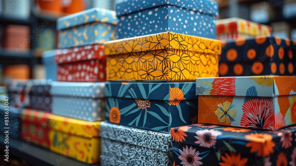 Poster assorted colorful boxes with various designs neatly stacked on store shelves for sale