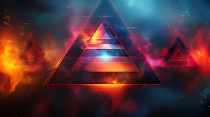 Fototapeta premium Pyramid effect with stacked trapezoids, vibrant neon colors, dark background, hd quality, digital art, high contrast, geometric precision, modern design, artistic composition, dynamic and lively 