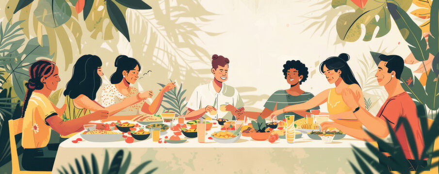 A family hosting a multicultural potluck dinner, where guests share dishes from their heritage and exchange stories.