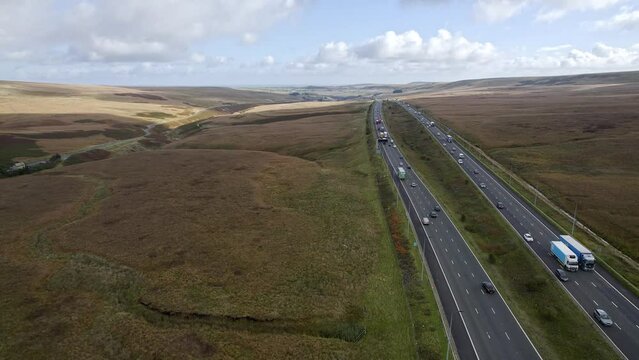 Aerial view of M62 Motorway, Saddleworth, UK