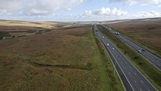 Aerial view of M62 Motorway, Saddleworth, UK