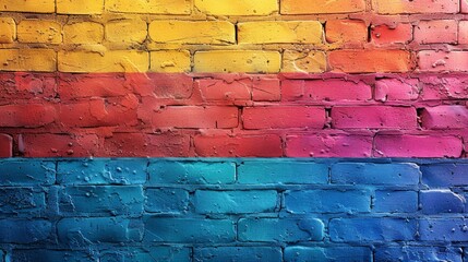Fototapeta premium A vividly colored brick wall featuring a gradient of rainbow hues, provides a textured backdrop