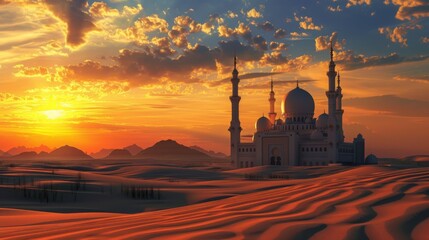 Beautiful mosque in sandy desert sunset view