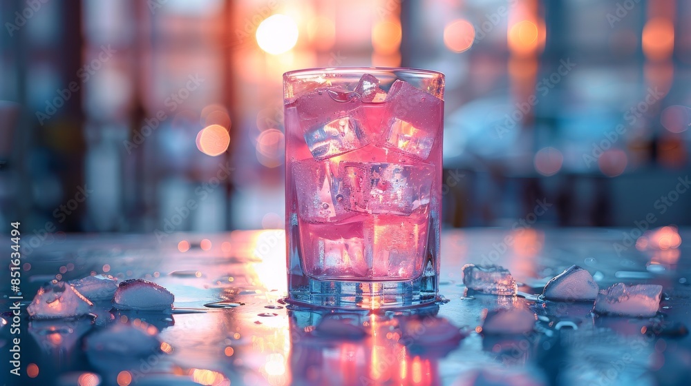 Poster a refreshing drink with ice in a clear glass, illuminated by a warm sunset with a bokeh background