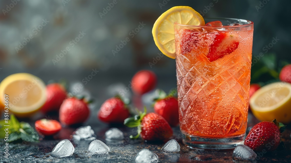 Poster chilled strawberry lemonade in a sweating glass with strawberries and lemon, creating a refreshing s
