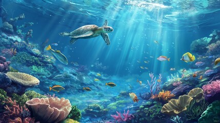 Obraz premium A tranquil sea turtle swims gracefully above a vibrant coral reef filled with colorful fish and diverse marine life.