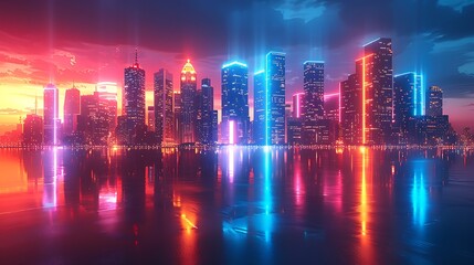 Cityscape of trapezoid buildings with varying heights, vibrant neon colors, dark background, hd quality, digital art, high contrast, geometric precision, modern design, artistic composition