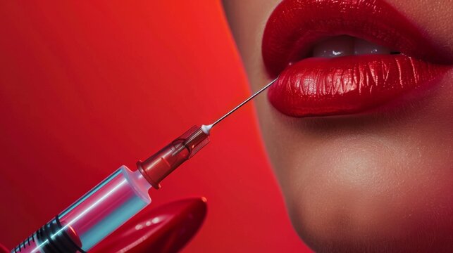Beauty and lips augmentation concept close up of female lips and syringe over red background
