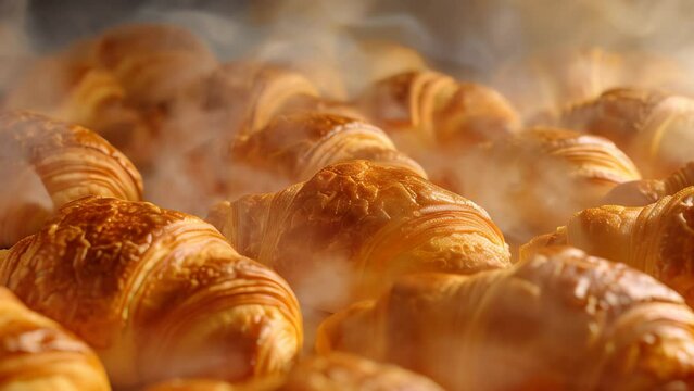 Close up freshly baked hot croissants with steam are in tray after leaving the oven for customers on breakfast in commercial kitchen, cafe, bakery background