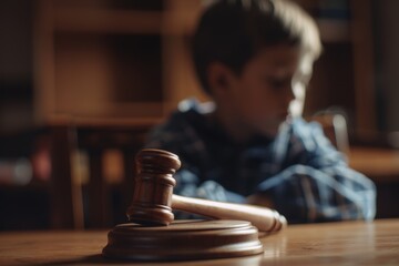 Young child contemplating with a judge's gavel in foreground