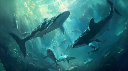 Fototapeta premium A pod of whales swims harmoniously in the deep, illuminated by ethereal light rays filtering through the ocean's surface, creating a serene underwater spectacle.