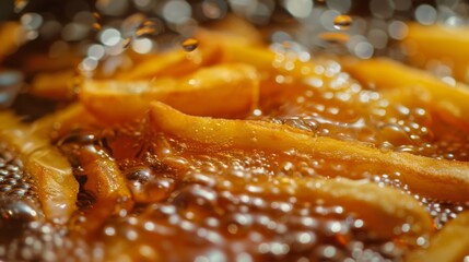 Close up of french fries in the oil