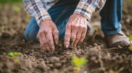 Close-up of senior man sowing seedlings in the garden
