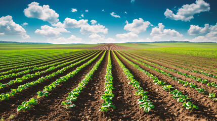 Agricultural field with rows of young plants. Agricultural landscape.