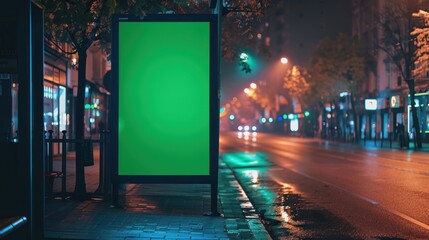 Digital Billboard with Chroma Key Green Screen on City Street at Night. Street Advertising Concept