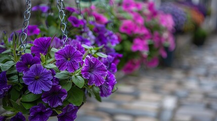 Obraz premium Vibrant purple flowers in hanging baskets adorning a quaint street