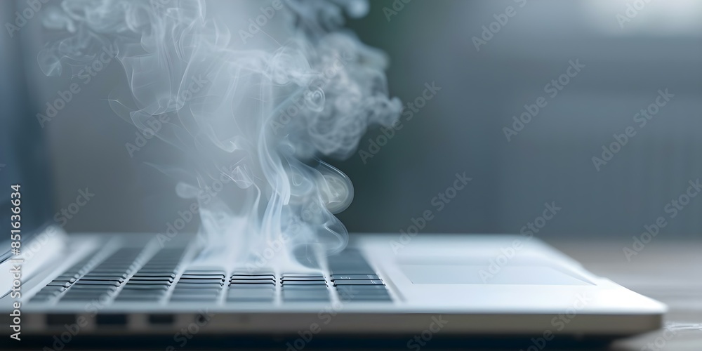 Poster computer malfunction with smoking due to overheating and potential thermal runaway. concept computer