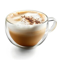 Clear coffee cup filled with Cappuccino, isolated white background, studio lighting for focused advertising