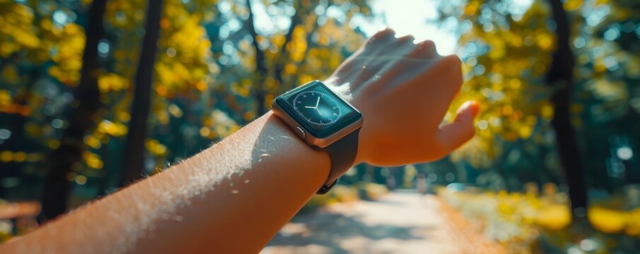 Person Consulting Financial Planning App on Smartwatch While Jogging in Autumnal Forest