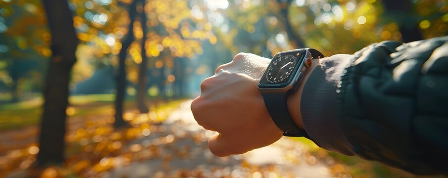 Consulting Financial Planning App on Smartwatch While Jogging in Autumn Park