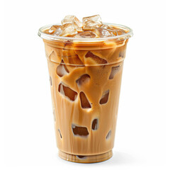 Clear coffee cup filled with iced Latte Milk Coffee, isolated white background, studio lighting for focused advertising