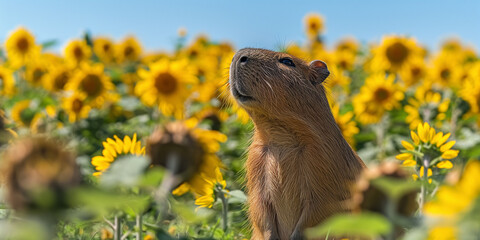 Obraz premium Capybara Enjoying Sunflowers: Cute Animal Abstract Background